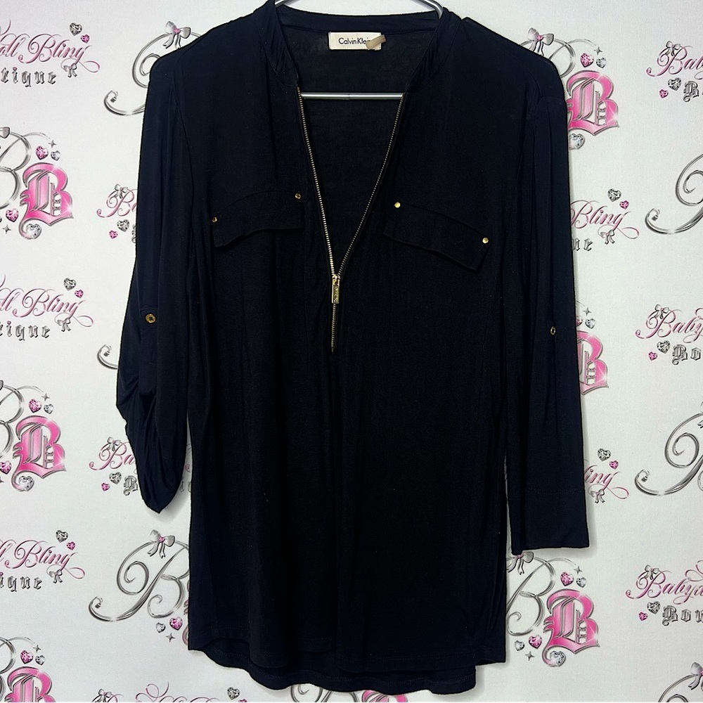 Calvin Klein blouse zipper front gold hardware stunning zip up top shirt button